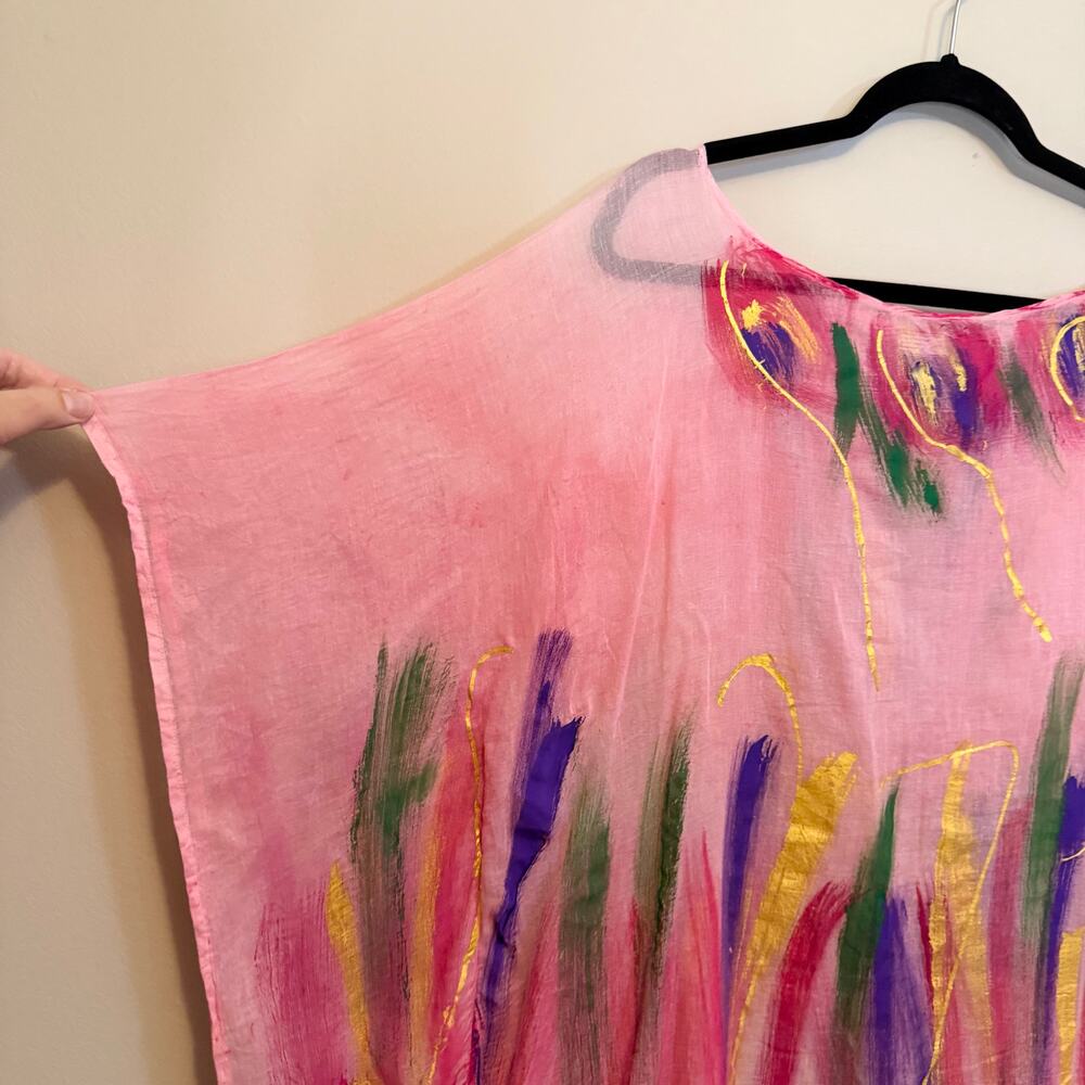 Jennifer Thompson Cover Up Hand Painted Kaftan Pink Large Sheer Boho Resortwear - Picture 3 of 6